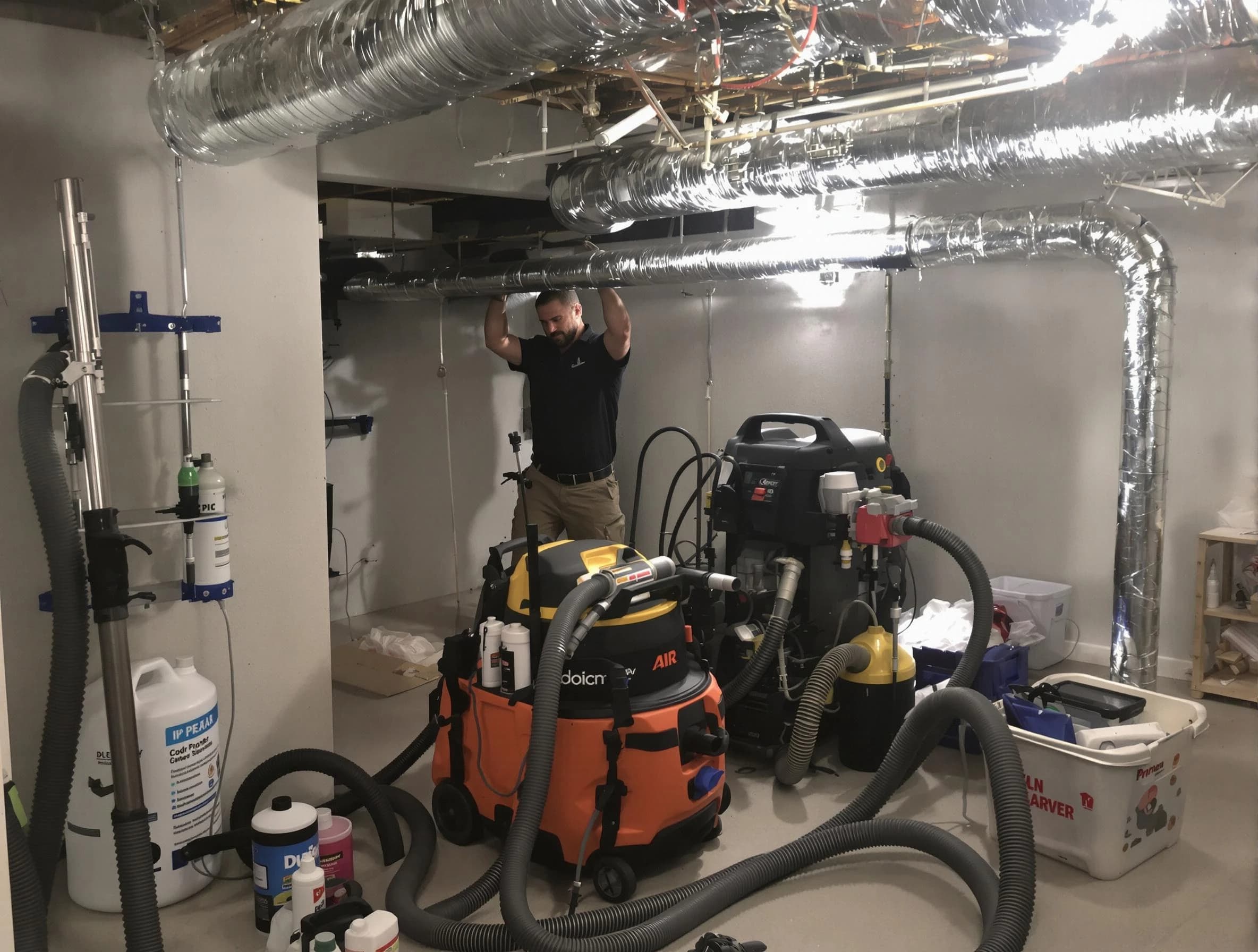 College Park Air Duct Cleaning specialist performing professional mold removal from air ducts using safety equipment in College Park