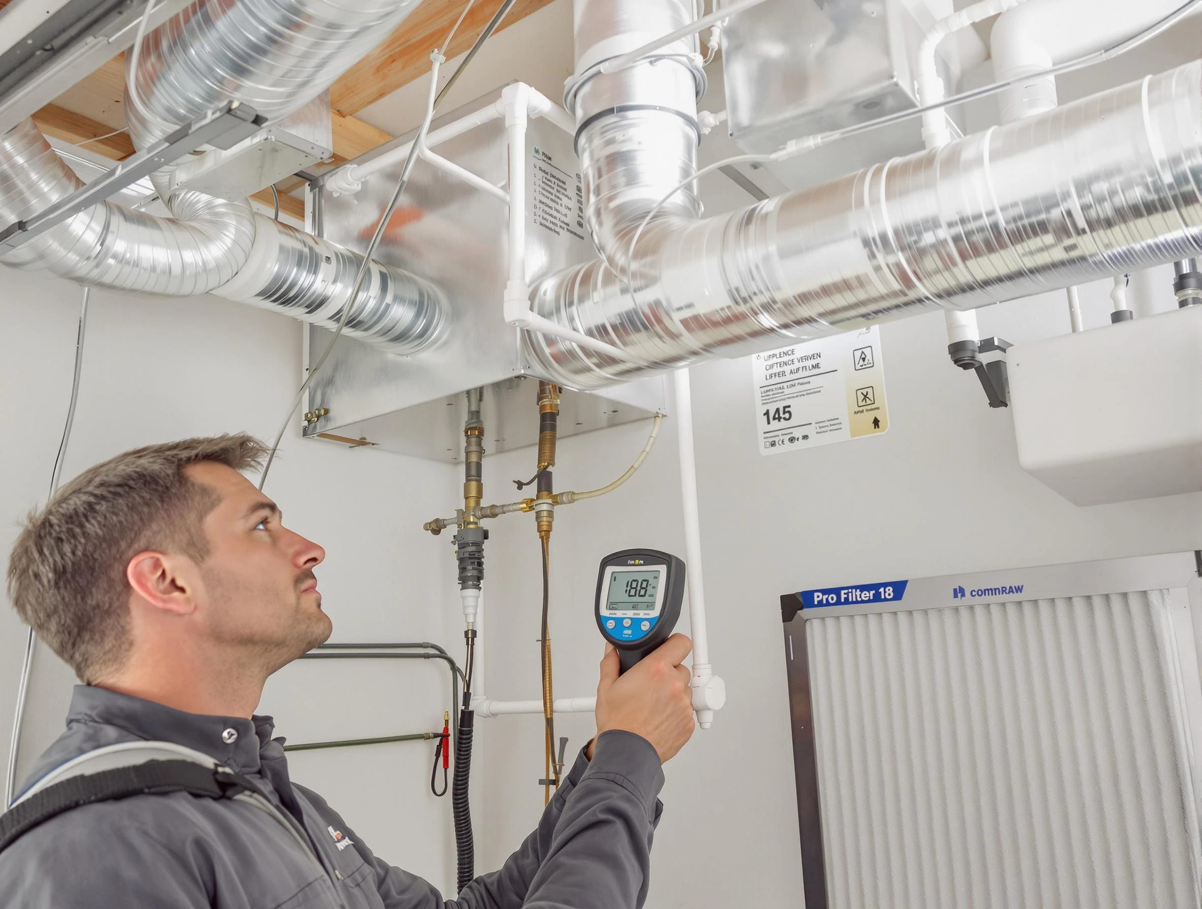 College Park Air Duct Cleaning expert conducting detailed filter system inspection using diagnostic tools in College Park